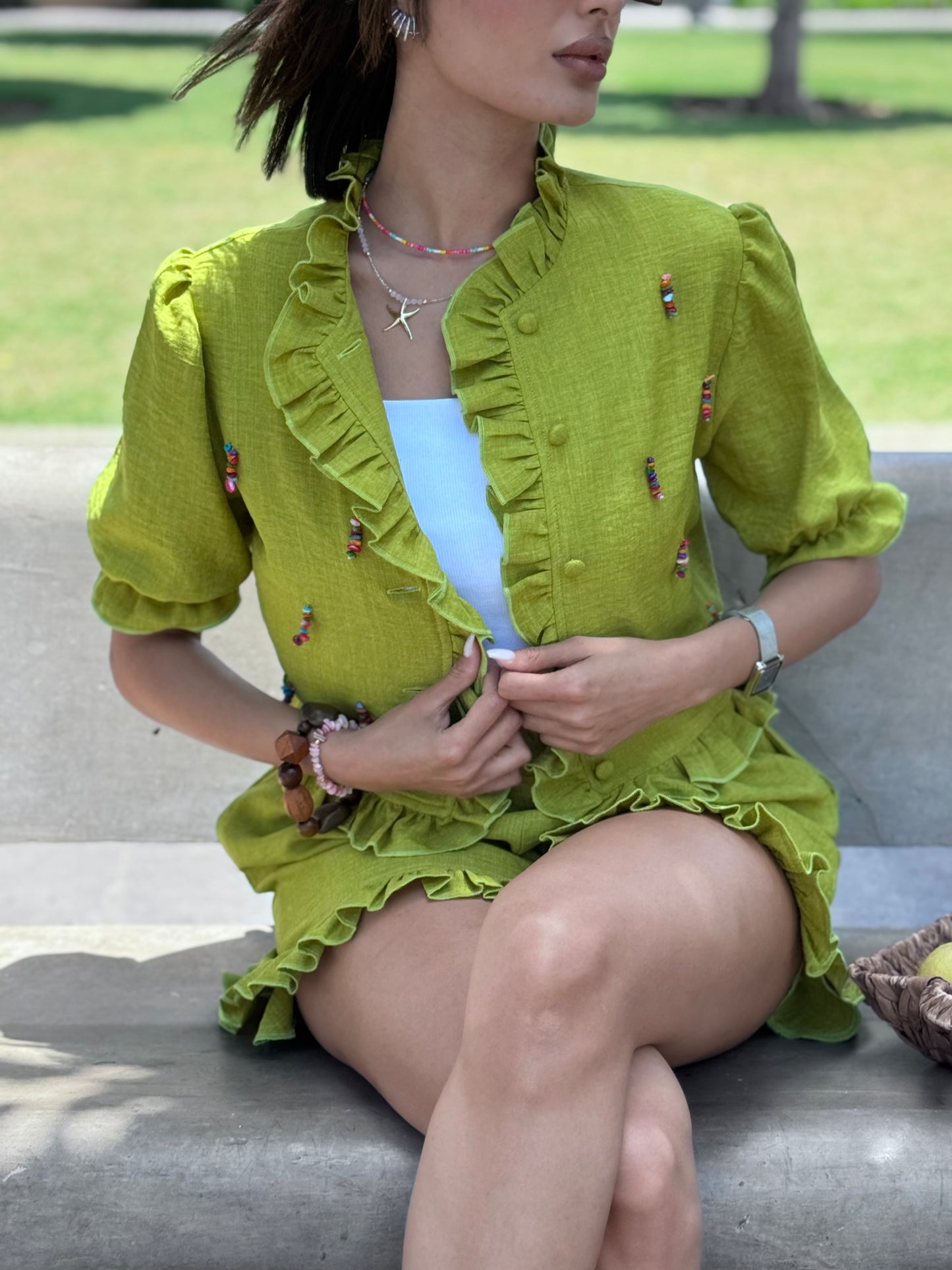 Frilled Shorts Set with Hanging Beads