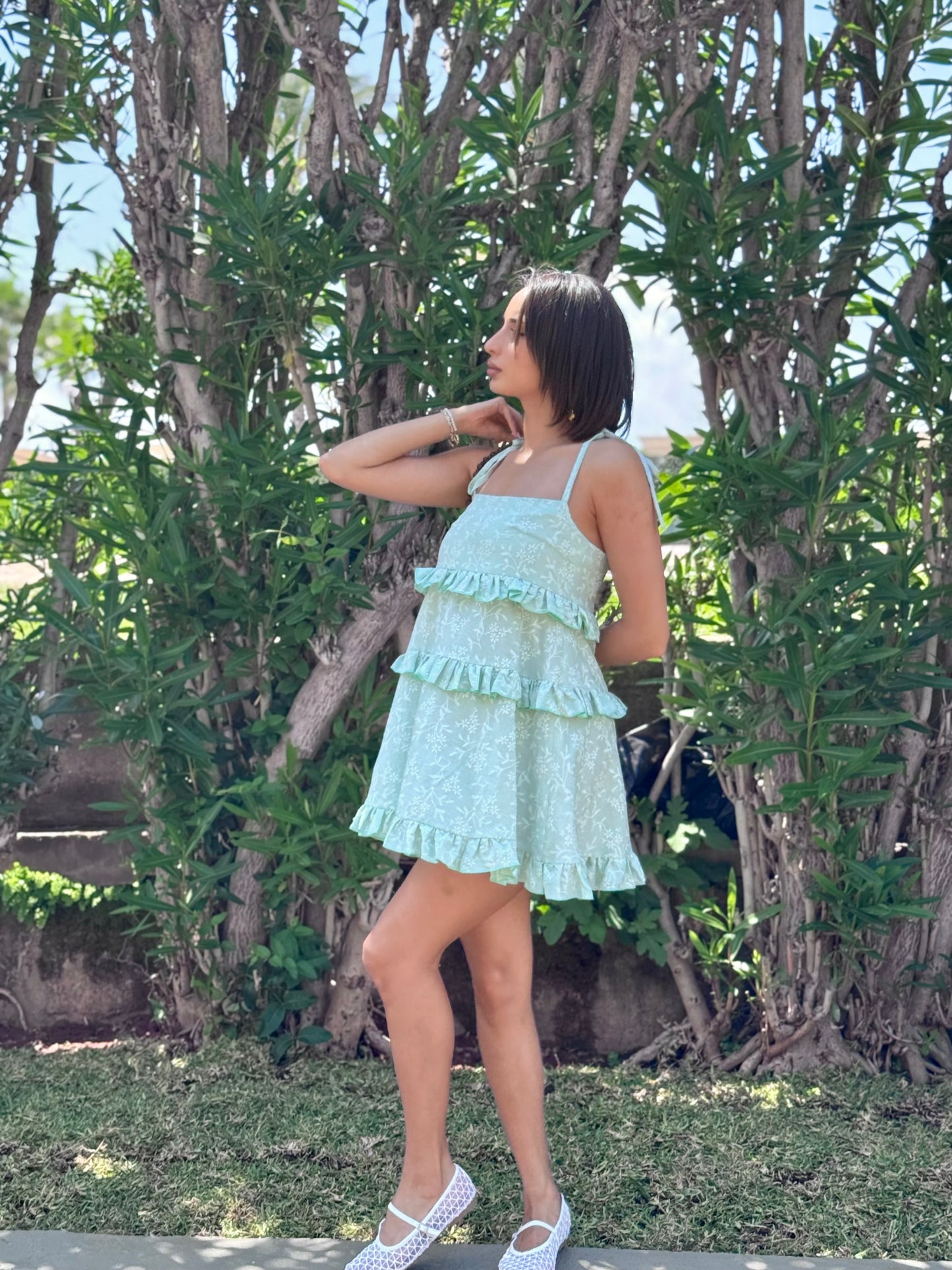 Tiered Ruffle Mini Dress in Soft Sage