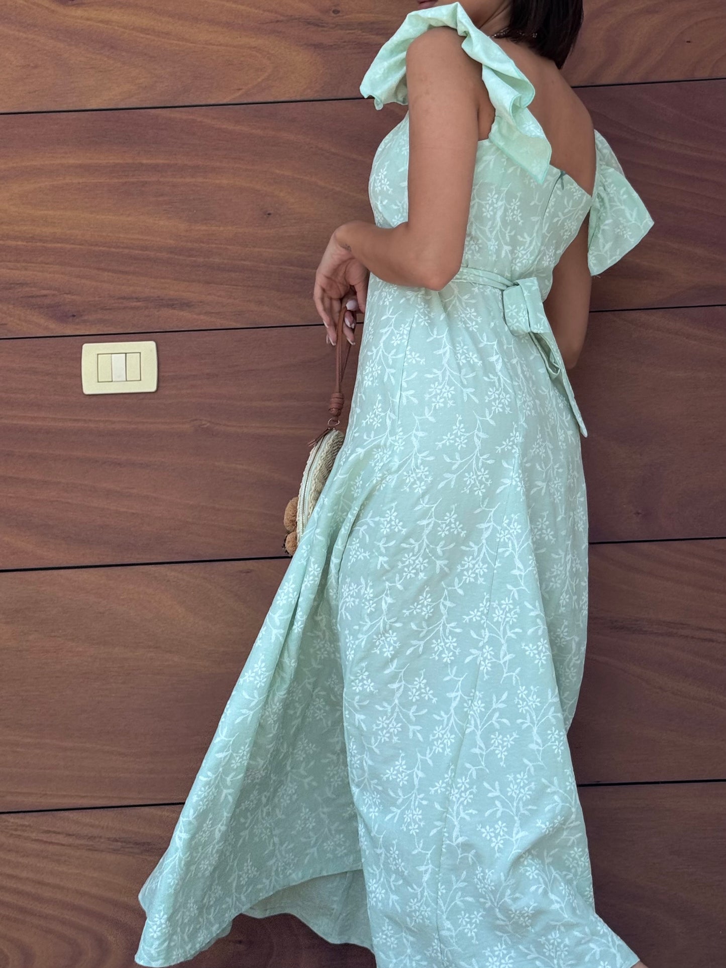 Embroidered Flutter-Sleeve Floral Dress