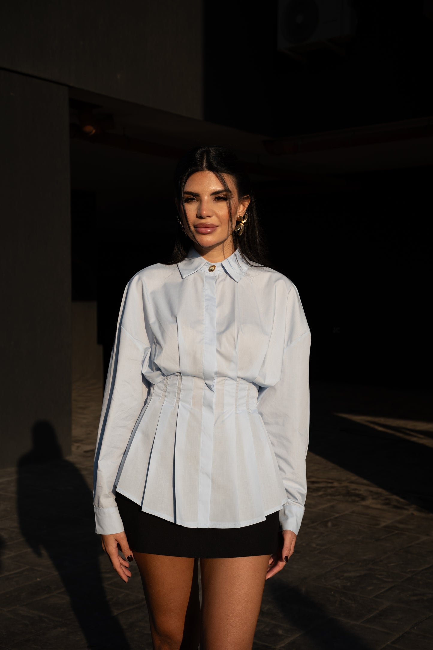 Scrunched Poplin Shirt in Light Blue