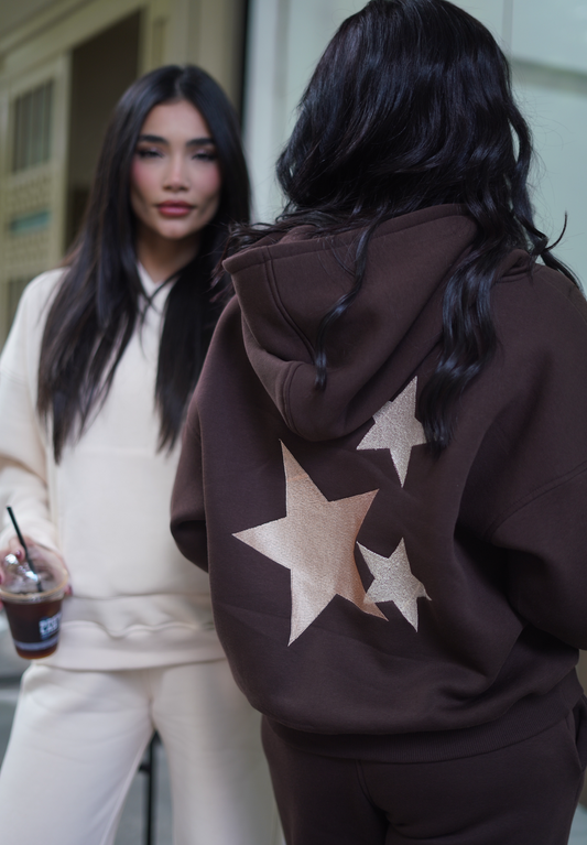 Embroidered Hoodie Set in Dark Browm