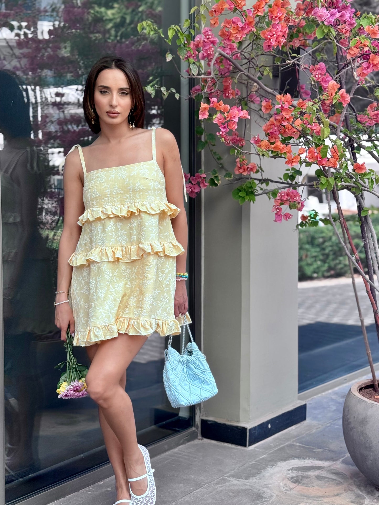 Tiered Ruffle Mini Dress in Pastel Yellow
