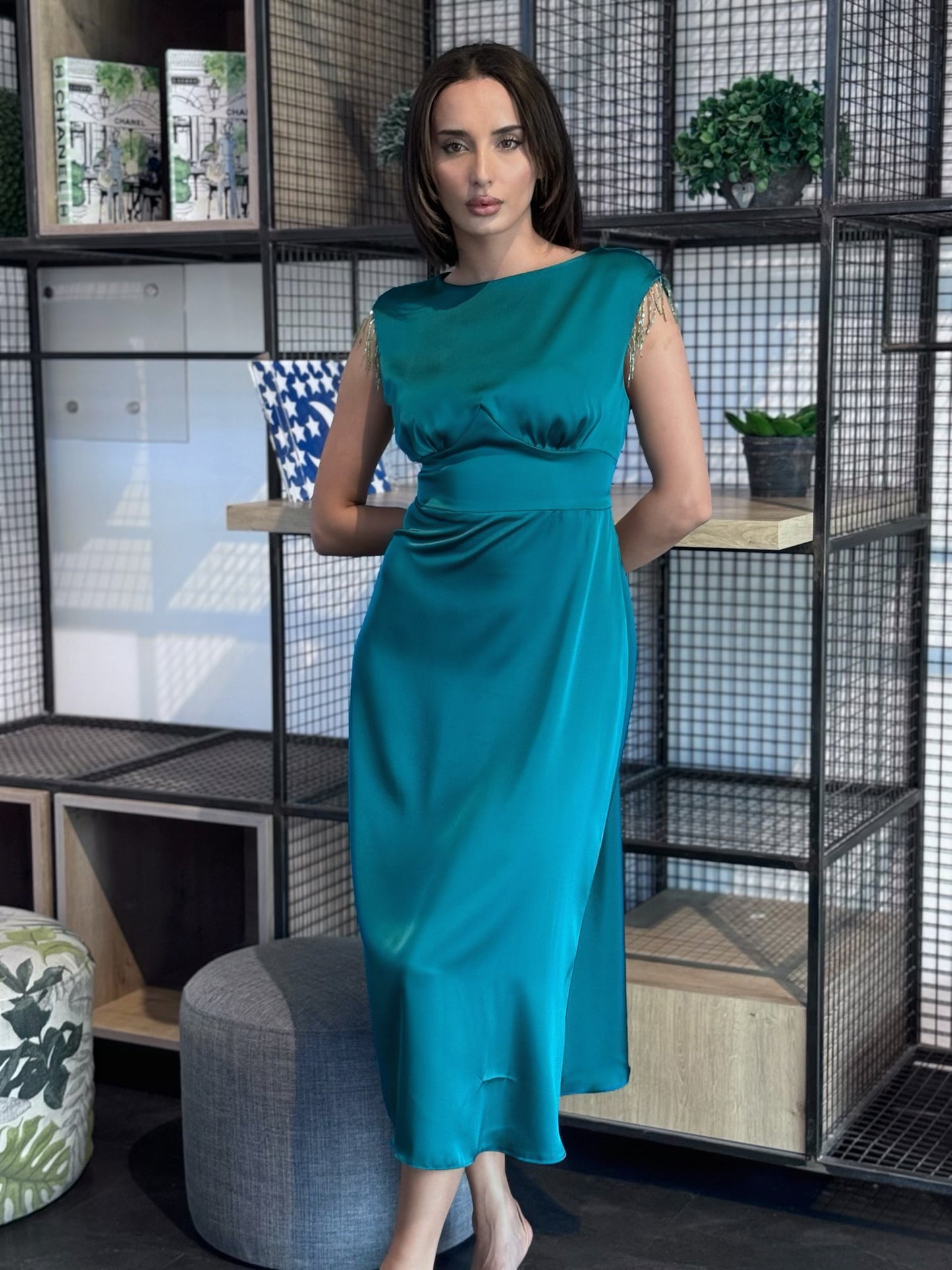 Beaded-Fringe Satin Maxi Dress