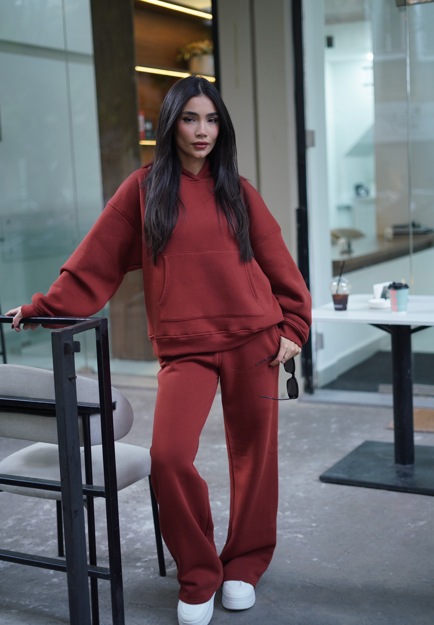 Embroidered Hoodie Set in Dark Rust