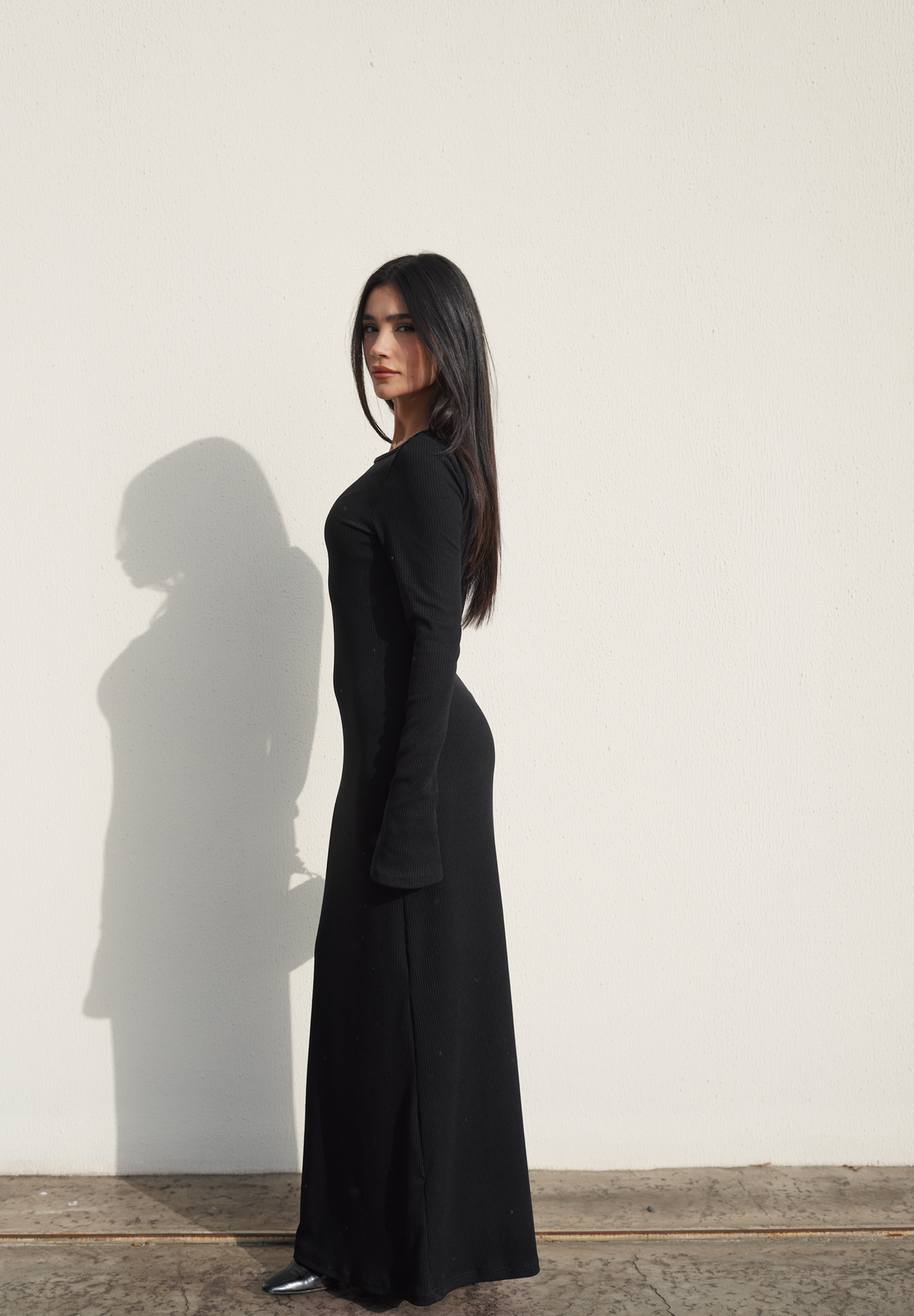 Ribbed Maxi Dress with Flared Sleeves in Ivory and Black