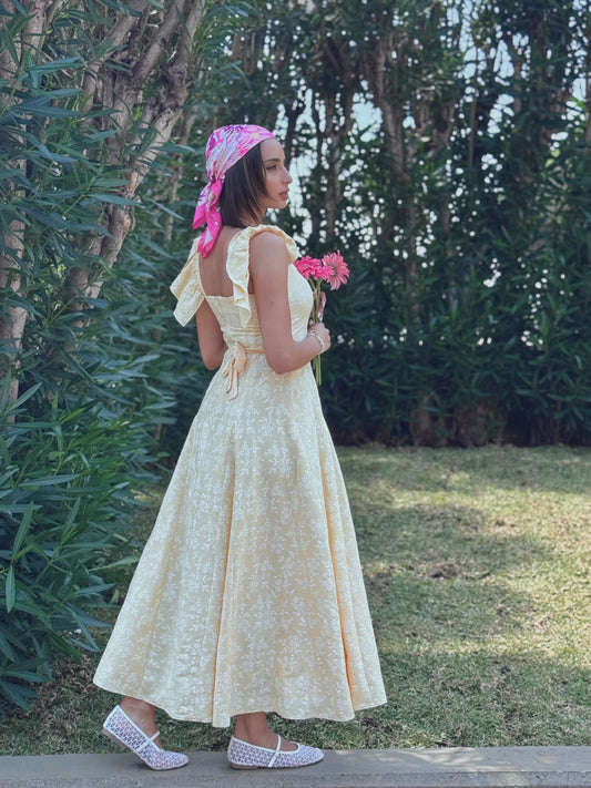 Embroidered Flutter-Sleeve Floral Dress in Pastel Yellow