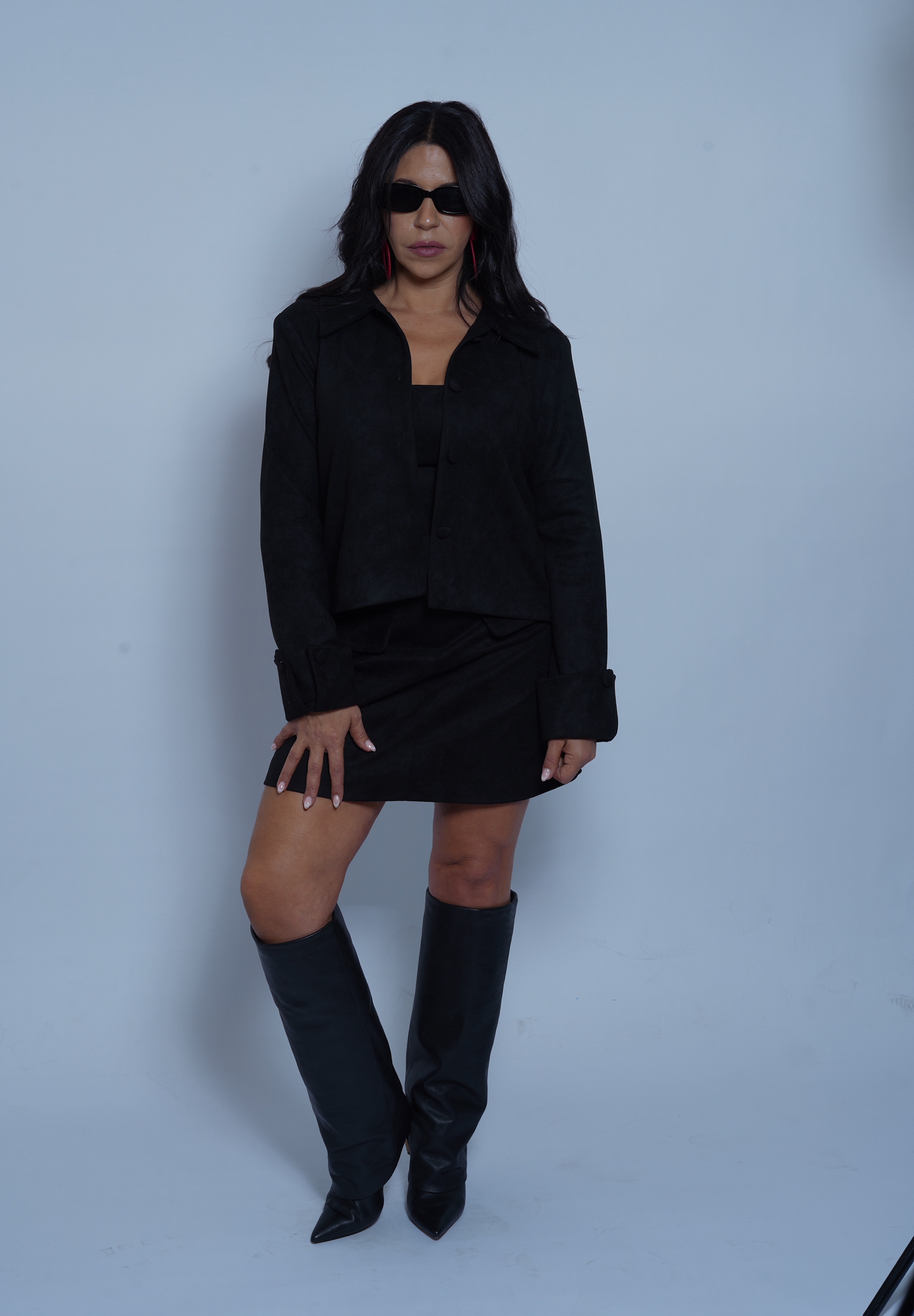 Suede Three-piece Skirt Set in Black