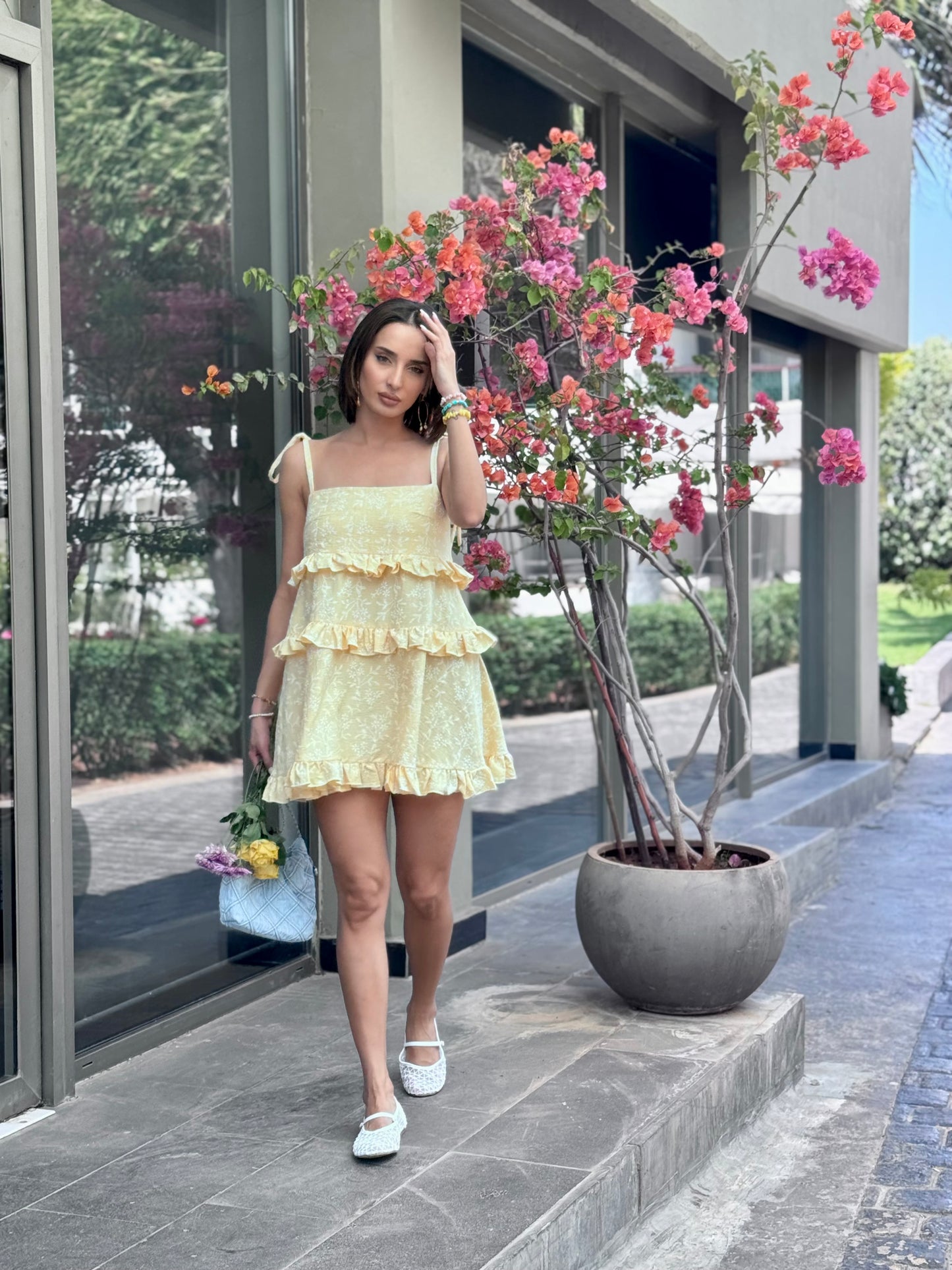 Tiered Ruffle Mini Dress in Pastel Yellow
