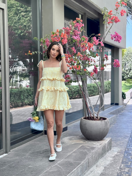 Tiered Ruffle Mini Dress in Pastel Yellow