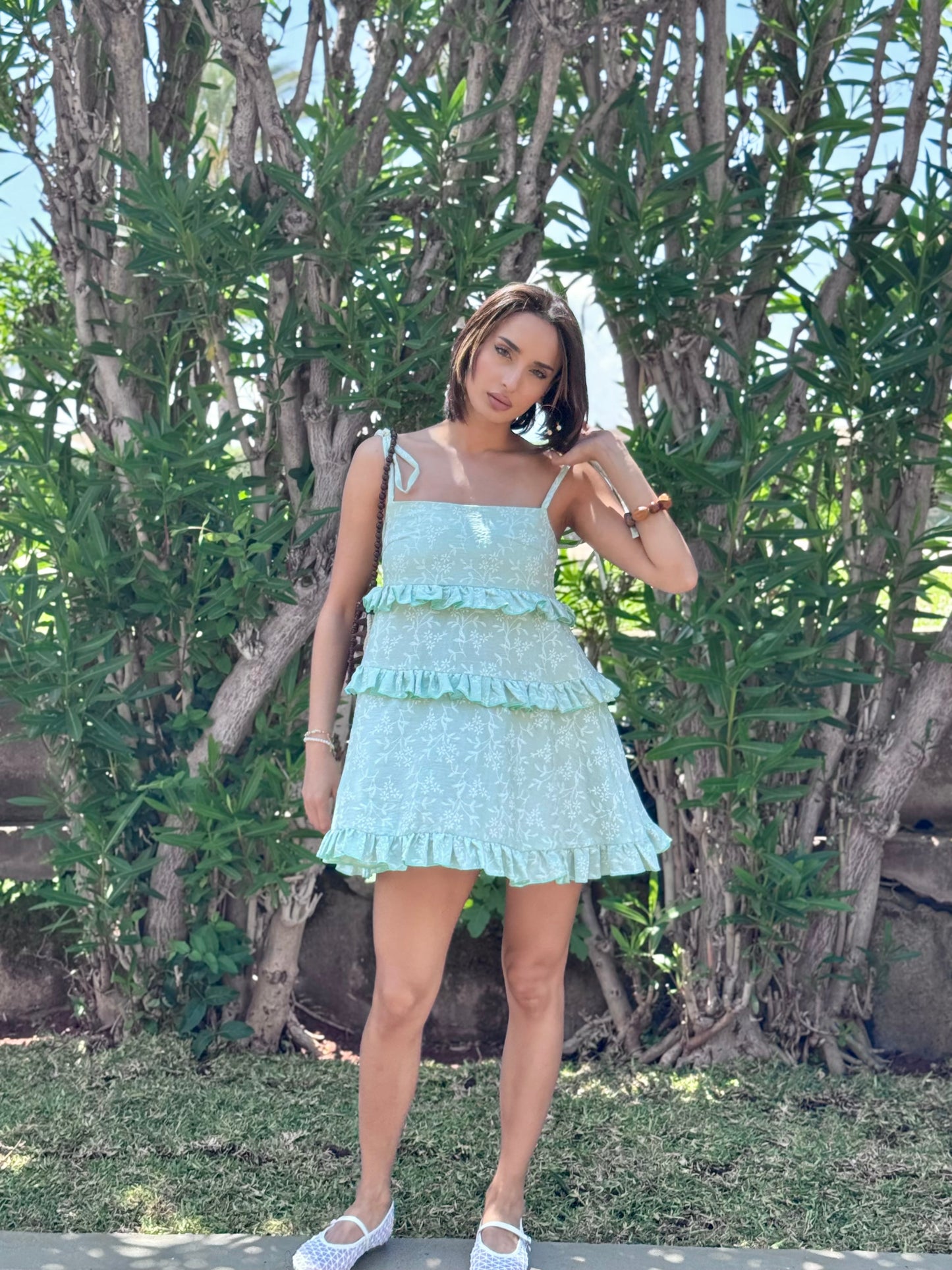 Tiered Ruffle Mini Dress in Soft Sage