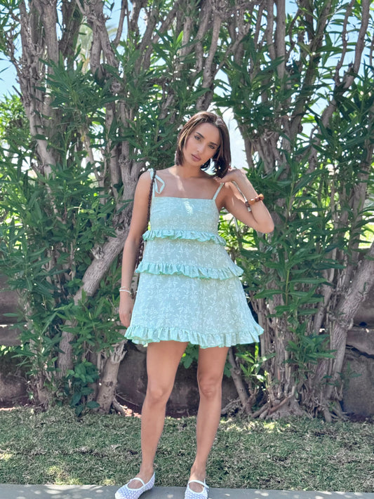 Tiered Ruffle Mini Dress in Soft Sage