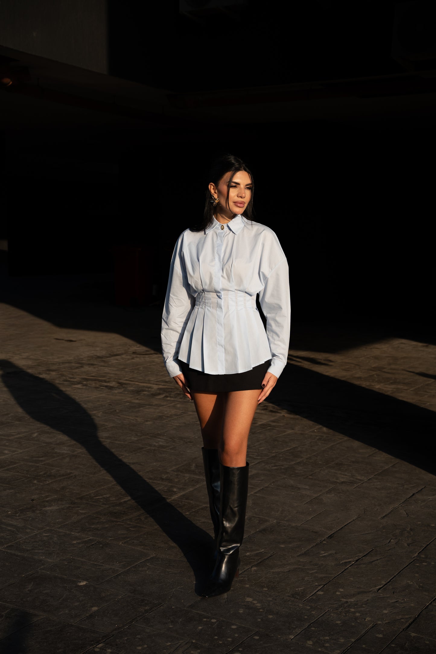 Scrunched Poplin Shirt in Light Blue