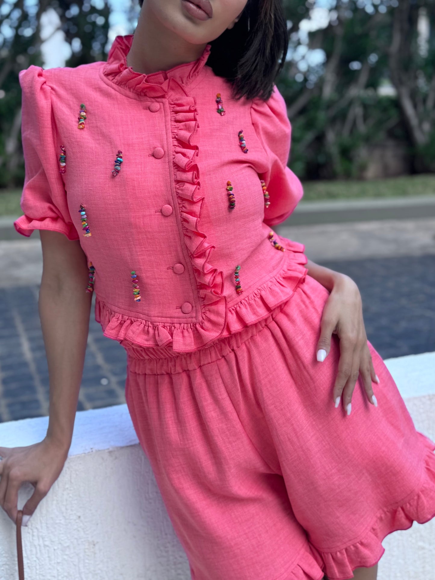Frilled Shorts Set with Hanging Beads