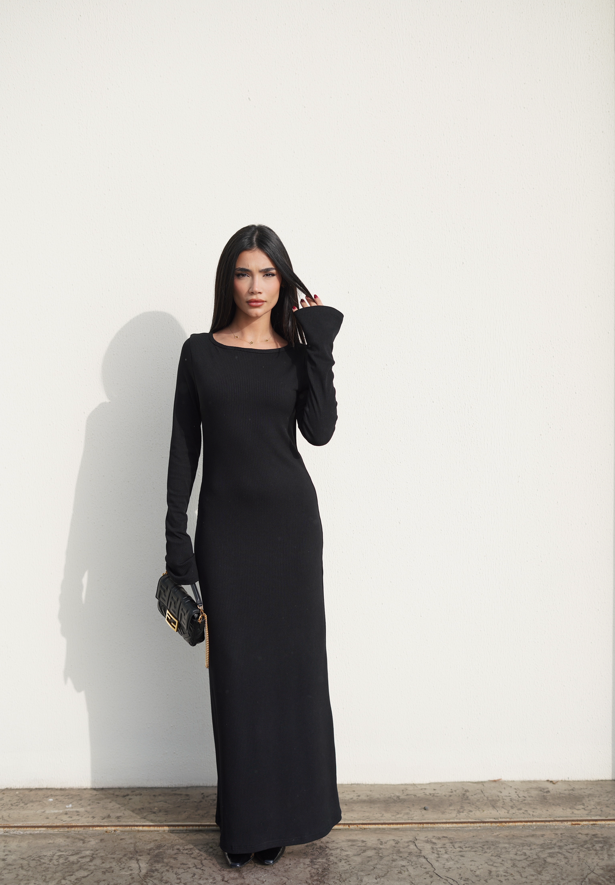 Ribbed Maxi Dress with Flared Sleeves in Ivory and Black
