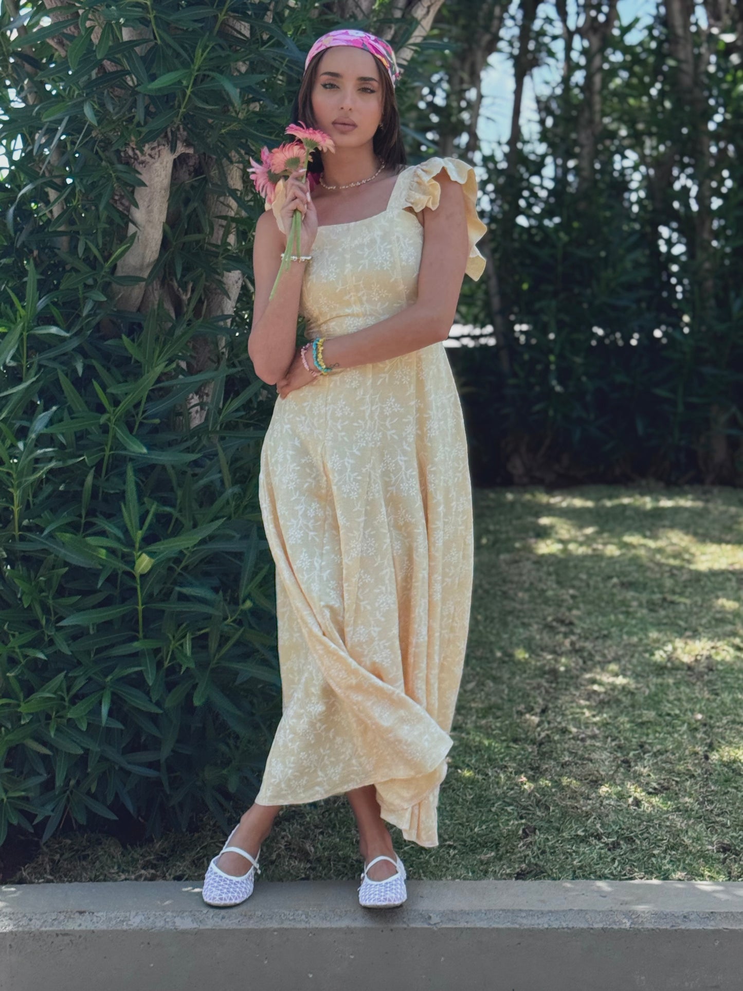 Embroidered Flutter-Sleeve Floral Dress in Pastel Yellow