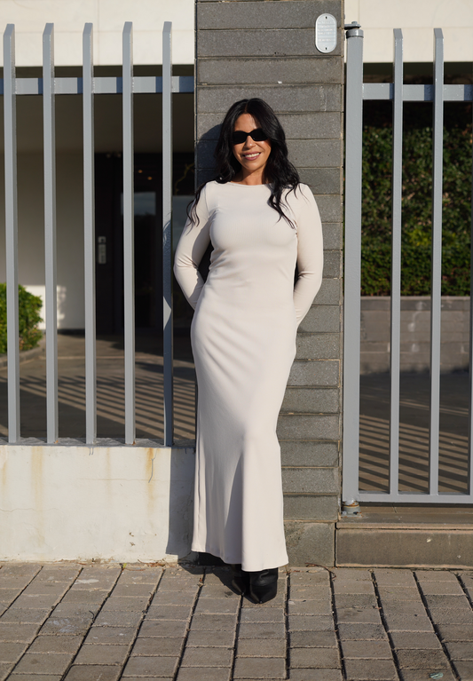 Ribbed Maxi Dress with Flared Sleeves in Ivory