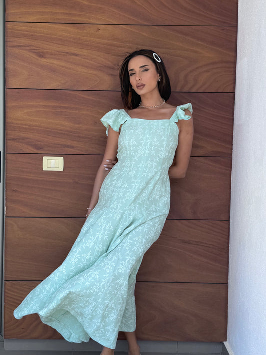 Embroidered Flutter-Sleeve Floral Dress