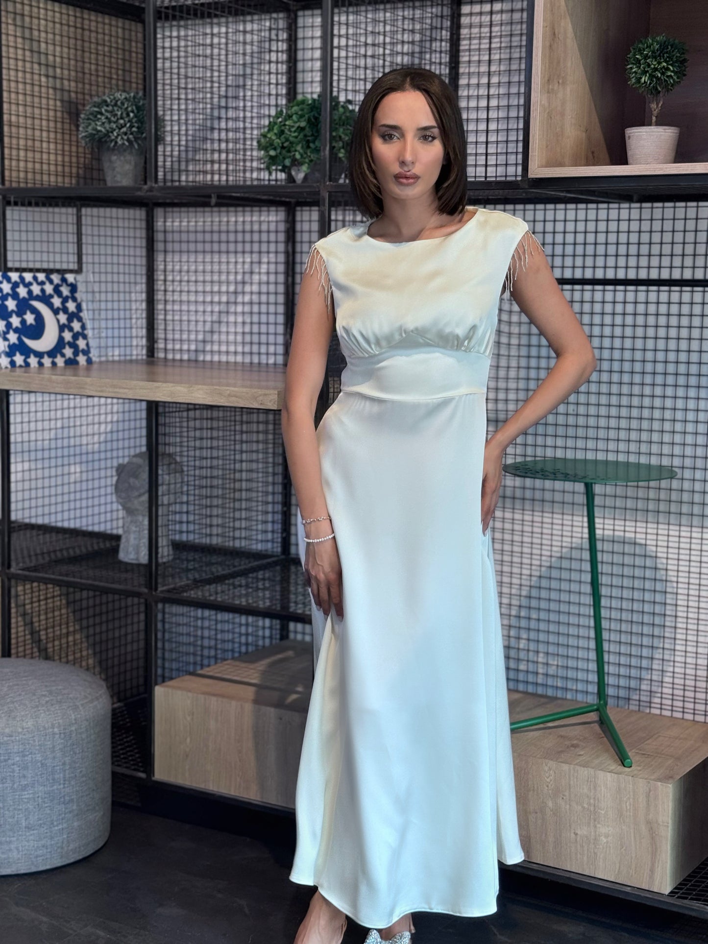 Beaded-Fringe Satin Maxi Dress