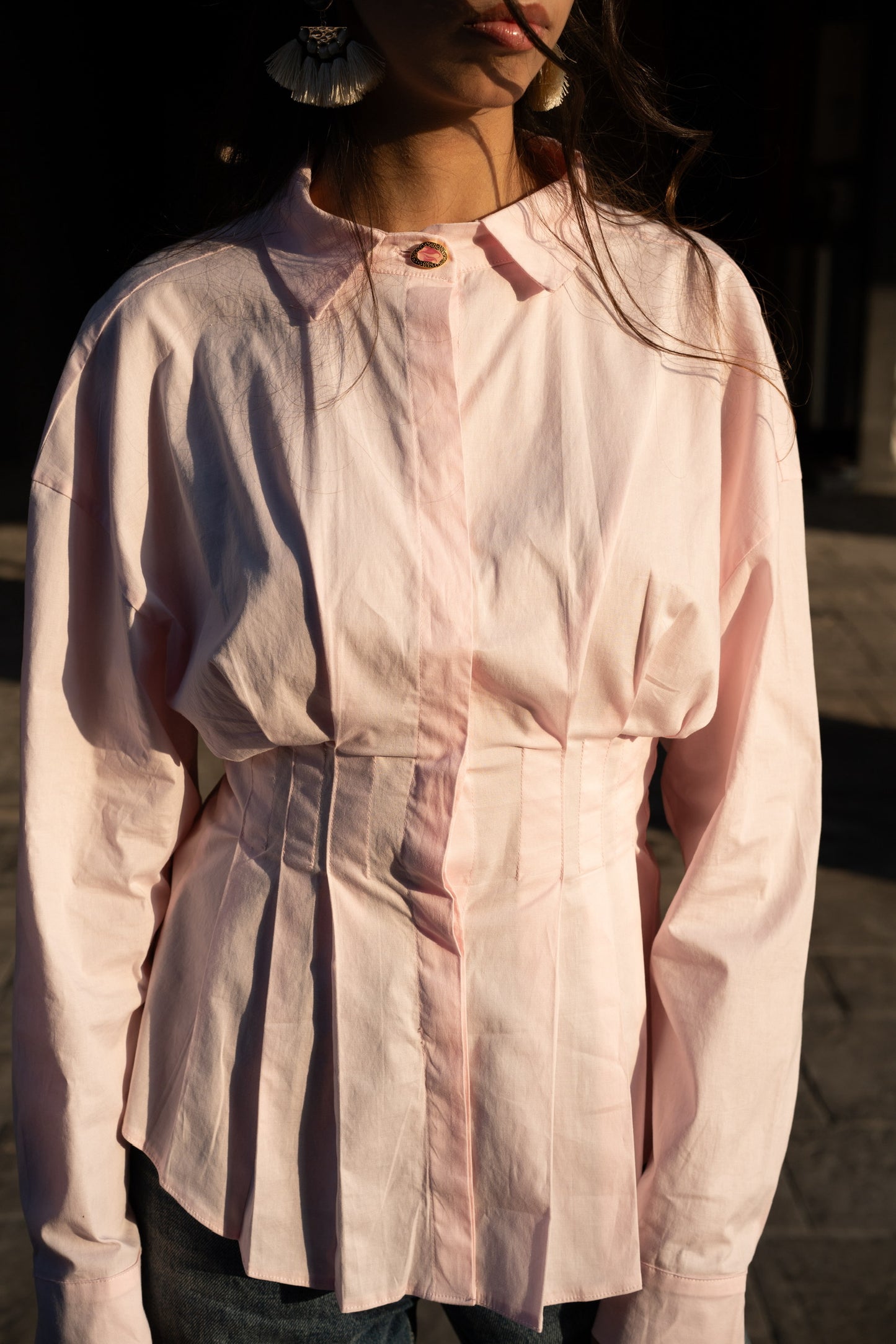 Scrunched Poplin Shirt in Baby Pink